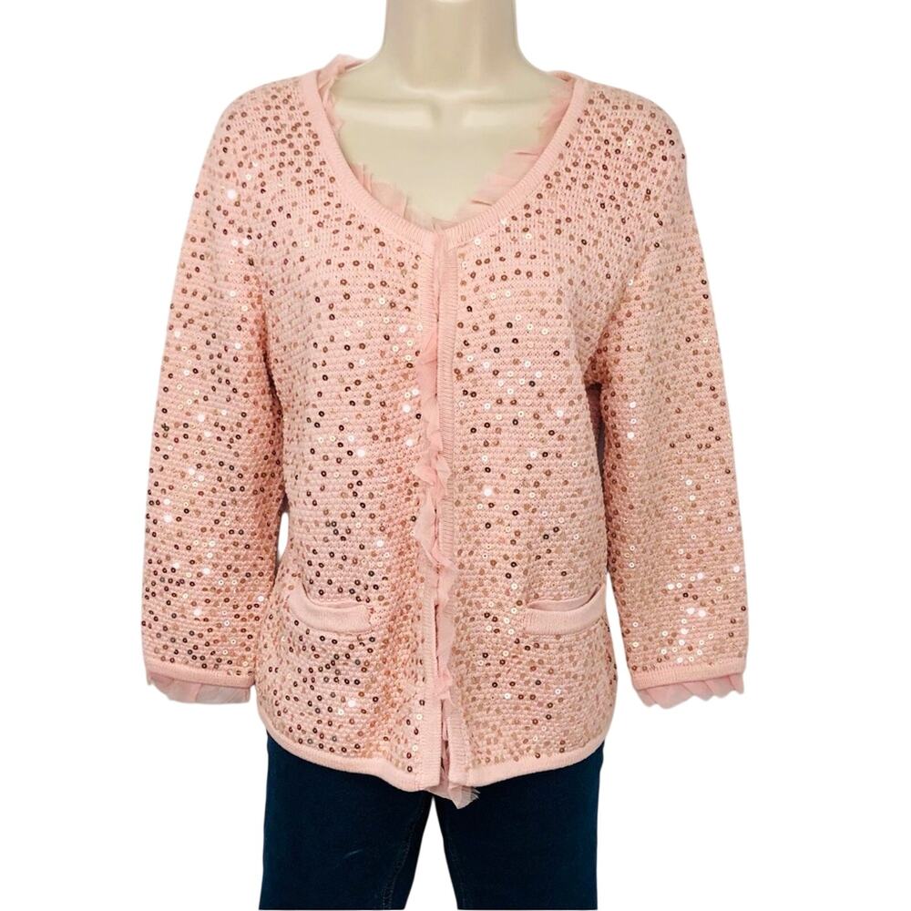 NWT Nue Options Pale Pink Sequined Cardigan Ruffle Accents Back Peplum